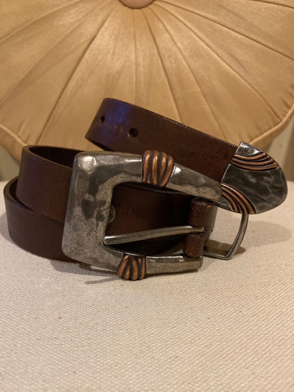 VTG CHICO’S Dark Brown Leather with Rustic Silver and Copper Buckle Belt Size S